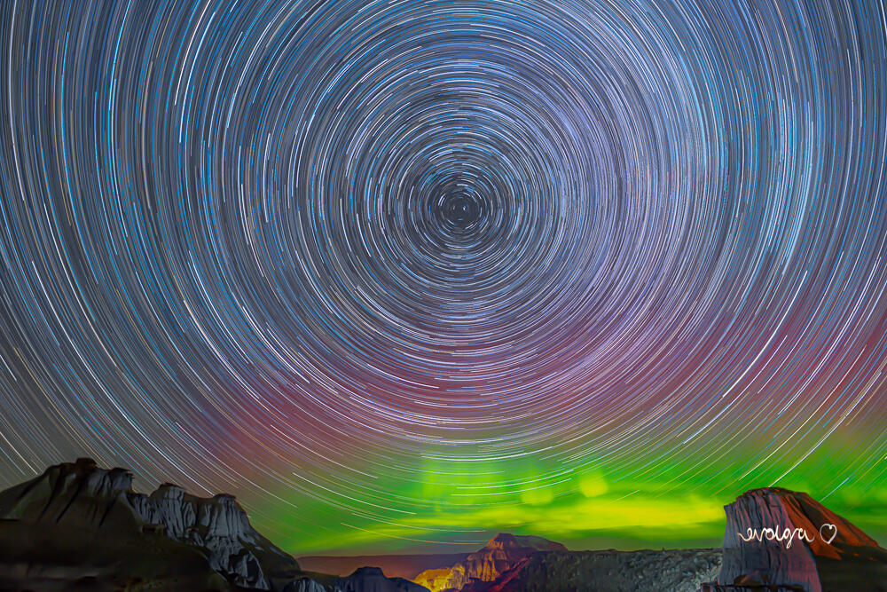 Star Trails and Aurora Over Badlands